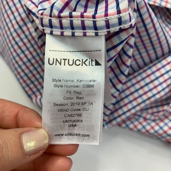 UntuckIt Kemmeter Shirt Mens 2XL XXL Pink Blue Gingham Plaid Nylon Blend Button - Picture 7 of 10